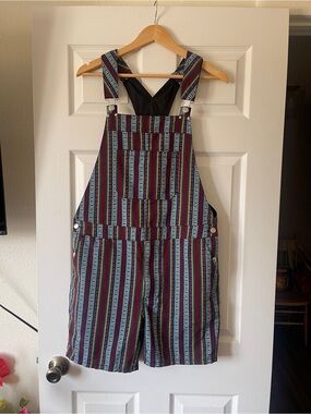 Striped Multi-Color Women’s Jean Short Overalls - Green & Blue Stripe